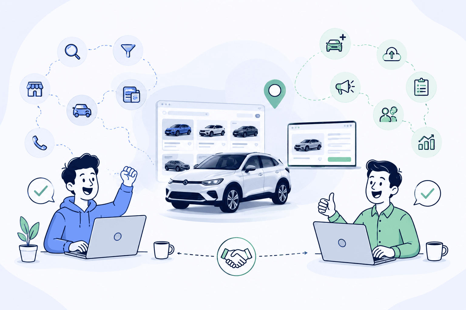 Buyers browsing Motrade Marketplace listings while dealers publish and manage their inventory