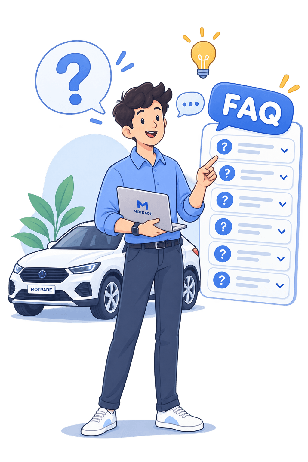 A MOTRADE user browsing frequently asked questions on a laptop, next to a showroom vehicle