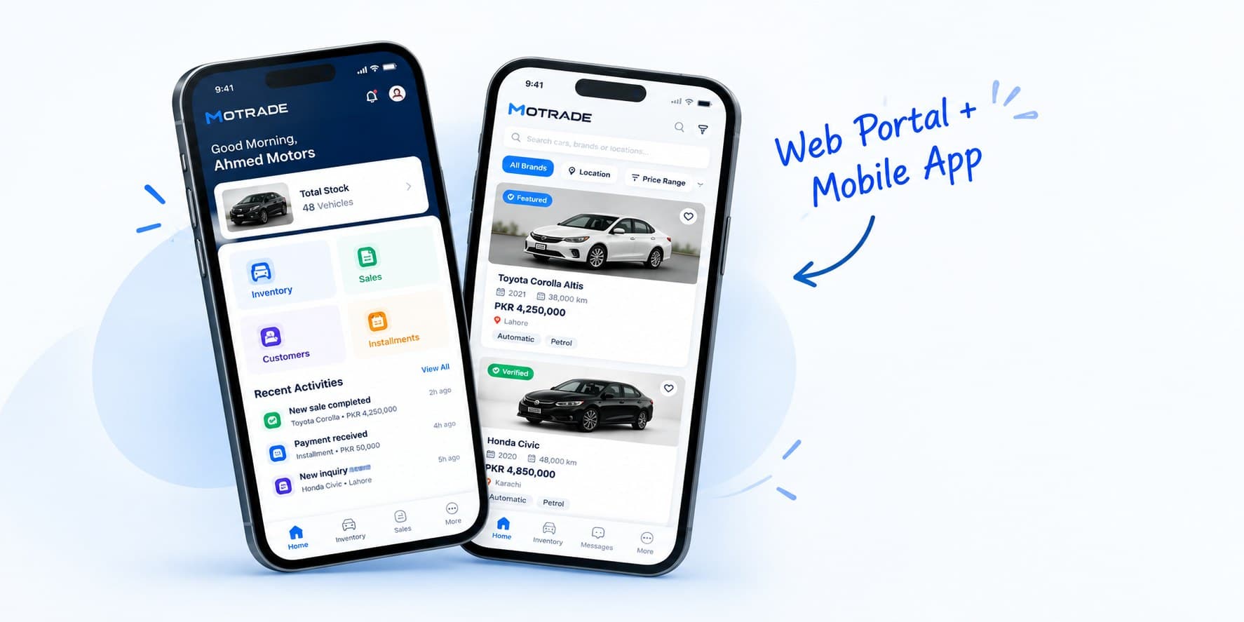 Motrade web portal and mobile app — dealer dashboard and buyer marketplace screens