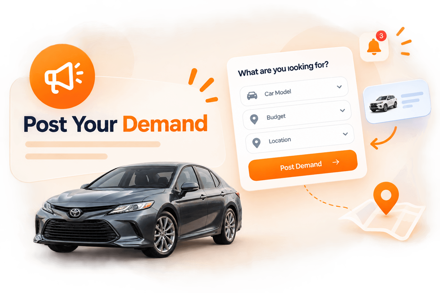The demand board loop: a buyer posts a demand, dealers get notified, respond with a matching vehicle, and the buyer reaches out to close the deal